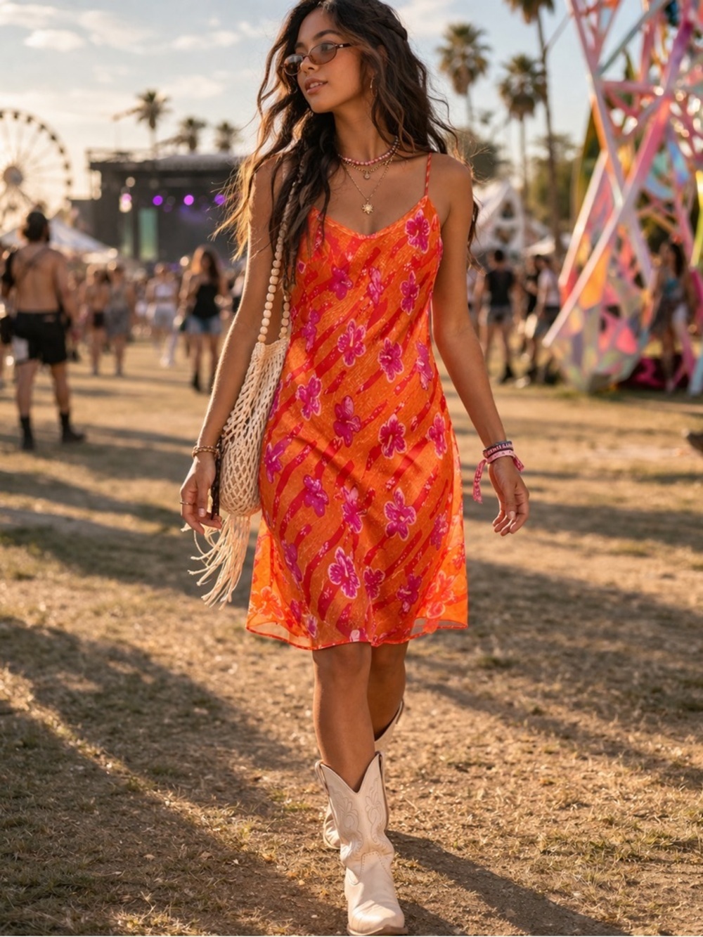 Vintage Y2K Orange Floral Slip Babydoll Dress Midi Sheer Overlay Summer Festival